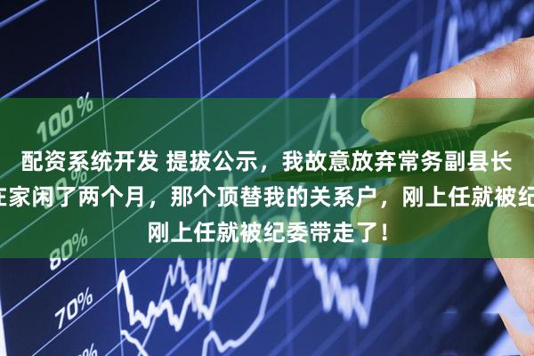 配资系统开发 提拔公示，我故意放弃常务副县长去援藏，在家闲了两个月，那个顶替我的关系户，刚上任就被纪委带走了！